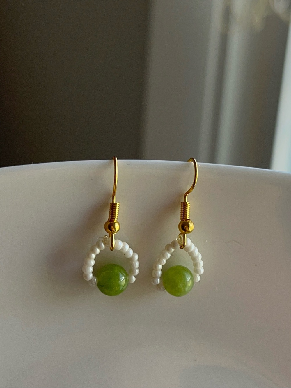 Delicate Green Jade Bead & White Seed Bead Gold Drop Earrings